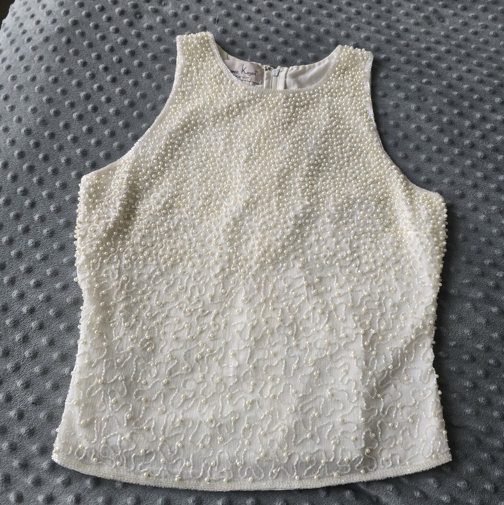 VTG Laurence Kazar Beaded Ivory/Cream Silk Top Sz S
